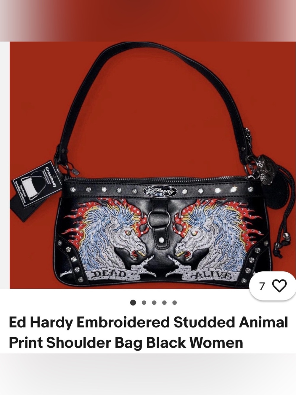 #3428*Ed Hardy Black Embroidered Studded Shoulder Bag-‘Dead or Alive' Unicorn